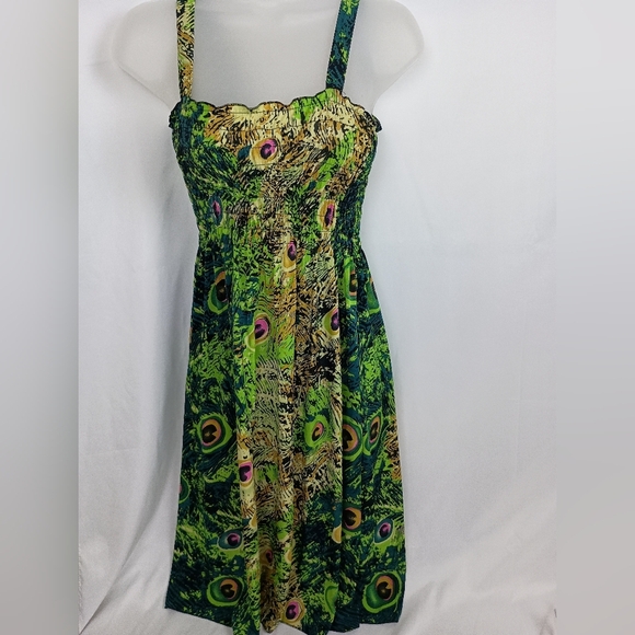 2/30$ Or 3/$35 Elegant Boho Dopamine Green Peacock Print Summer Dress (#640) - Picture 1 of 9